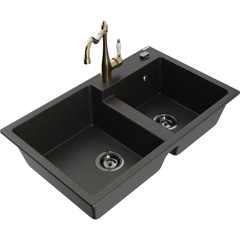 Mexen Tomas 2-compartment granite sink with a kitchen mixer tap Carla, Black/Gold metallic - 6516-75-670700-50-B