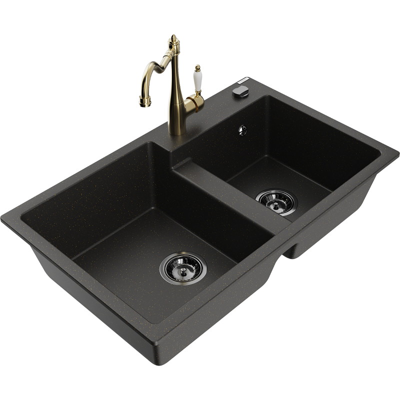 Mexen Tomas granite kitchen sink with 2 compartments and kitchen faucet Carla, black/gold metallic - 6516-75-670700-50-B