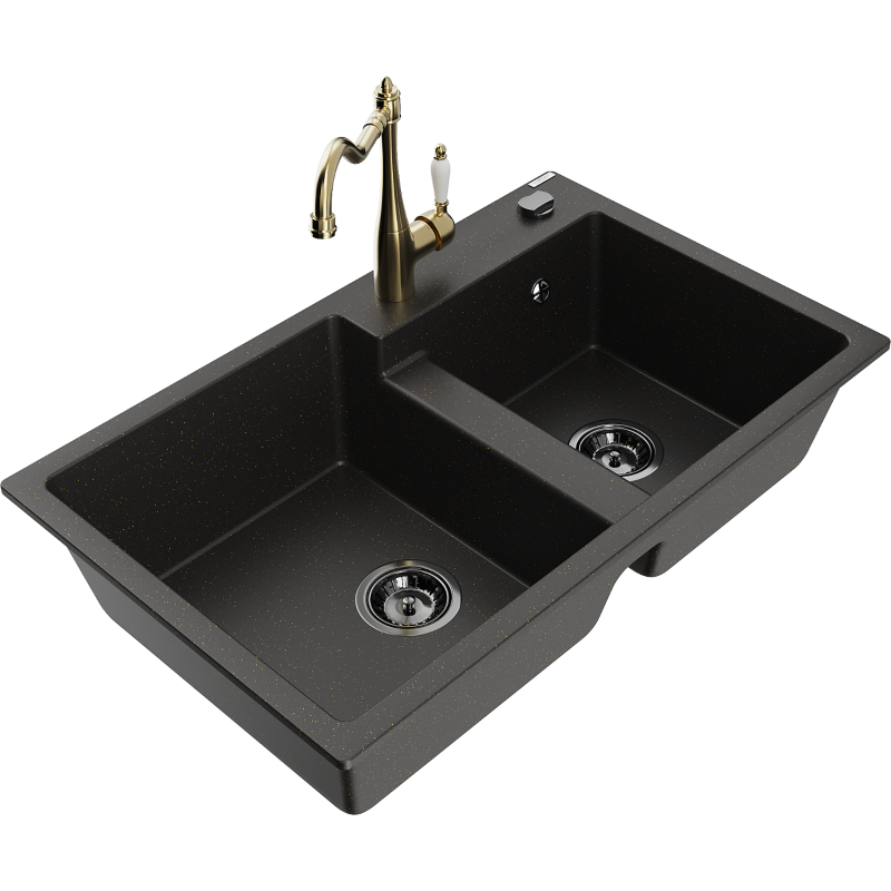 Mexen Tomas granite sink 2-chamber with Carla kitchen tap, black/gold metallic - 6516-75-670700-50-B