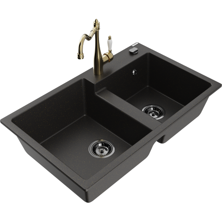 Mexen Tomas 2-Bowl Granite Sink with Kitchen Faucet Carla, Black/Gold Metallic - 6516-75-670700-50-B