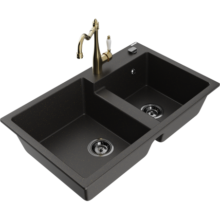 Mexen Tomas granite sink 2-chamber with Carla kitchen tap, black/gold metallic - 6516-75-670700-50-B