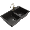 Mexen Tomas granite sink 2-chamber with Carla kitchen tap, black/gold metallic - 6516-75-670700-50-B