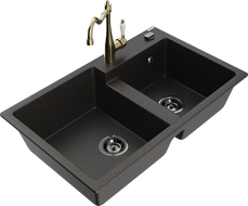 Mexen Tomas granite sink 2-chamber with Carla kitchen tap, black/gold metallic - 6516-75-670700-50-B