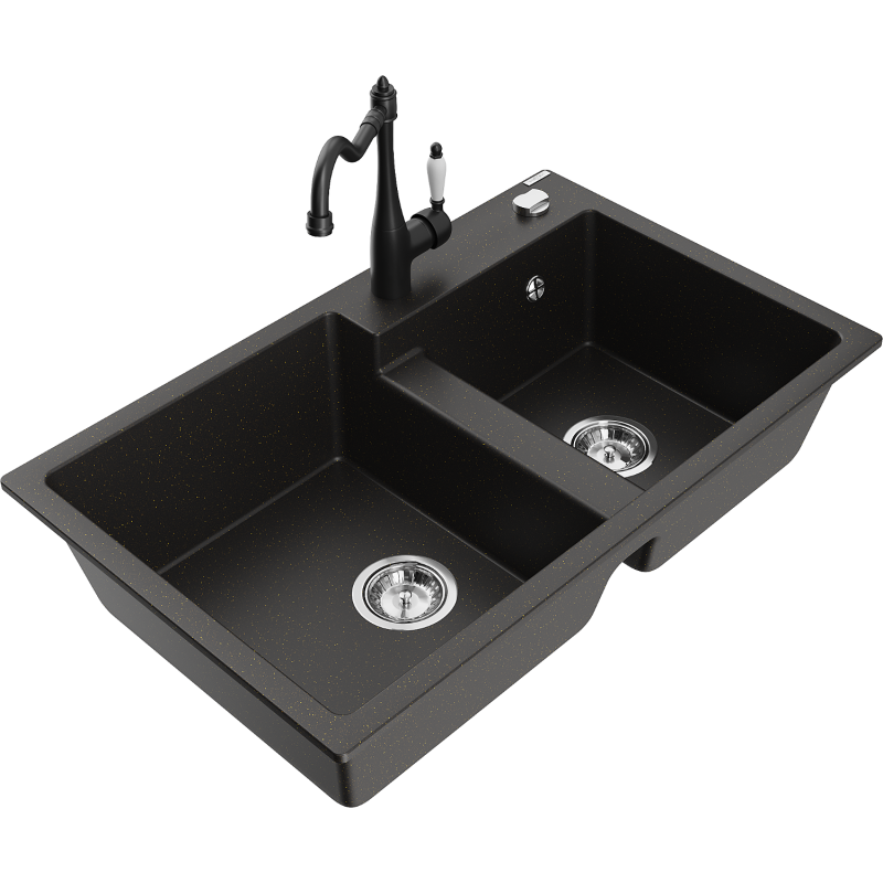 Mexen Tomas 2-compartment granite sink with a kitchen mixer tap Carla, Black/Gold metallic - 6516-75-670700-70