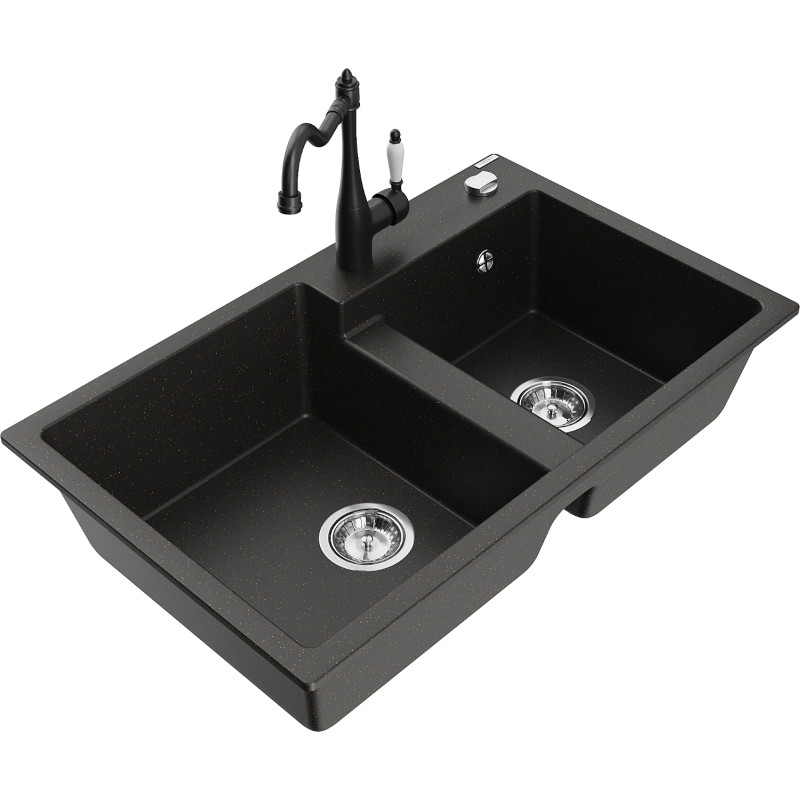Mexen Tomas granite double-bowl sink with Carla kitchen faucet, black/gold metallic - 6516-75-670700-70