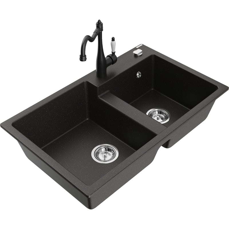 Mexen Tomas granite kitchen sink 2-bowl with Carla kitchen faucet, black/gold metallic - 6516-75-670700-70