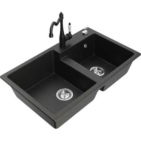 Mexen Tomas granite double-bowl sink with Carla kitchen faucet, black/gold metallic - 6516-75-670700-70