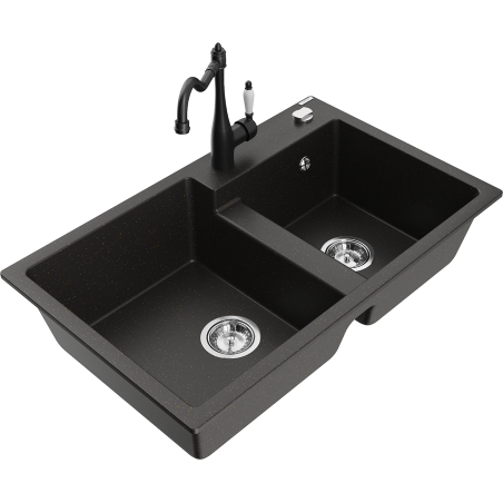 Mexen Tomas granite kitchen sink with 2 compartments and Carla kitchen tap, black/gold metallic - 6516-75-670700-70