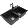 Mexen Tomas granite double-bowl sink with Carla kitchen faucet, black/gold metallic - 6516-75-670700-70