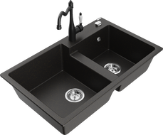 Mexen Tomas granite double-bowl sink with Carla kitchen faucet, black/gold metallic - 6516-75-670700-70