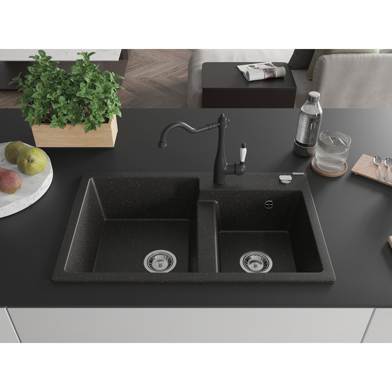 Mexen Tomas granite double-bowl sink with Carla kitchen faucet, black/gold metallic - 6516-75-670700-70