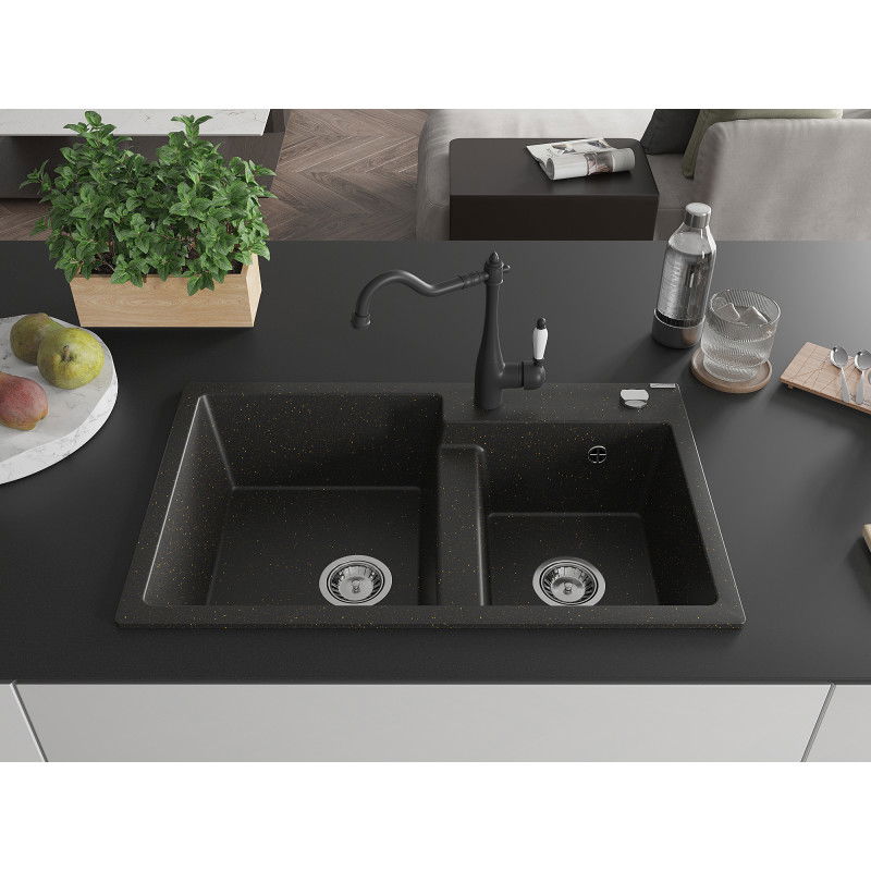 Mexen Tomas granite kitchen sink with 2 compartments and Carla kitchen tap, black/gold metallic - 6516-75-670700-70