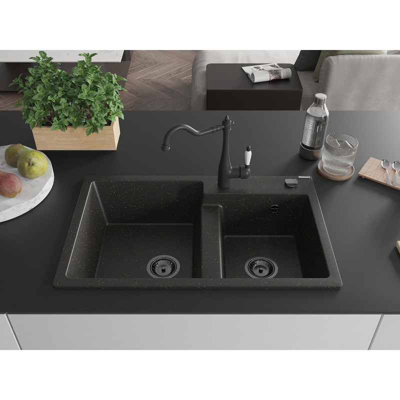 Mexen Tomas granite 2-bowl kitchen sink with Carla faucet, black/gold metallic - 6516-75-670700-70-B