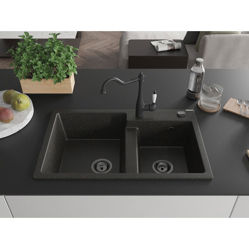Mexen Tomas granite kitchen sink with 2 bowls and Carlo kitchen tap, black/gold metallic - 6516-75-670700-70-B