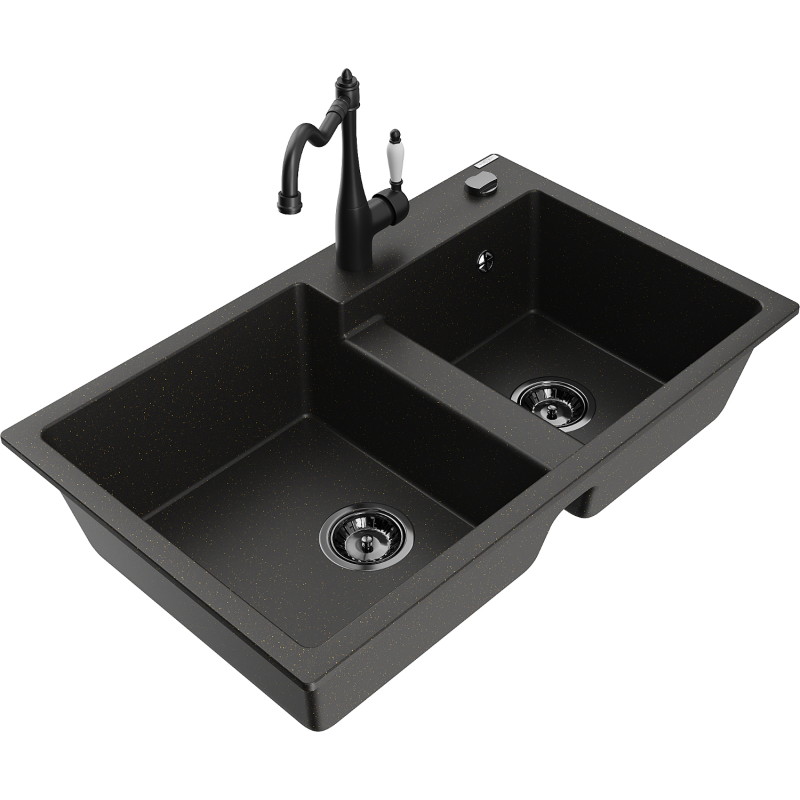 Mexen Tomas 2-chamber Granite Sink with Kitchen Faucet Carla, Black/Gold Metallic - 6516-75-670700-70-B
