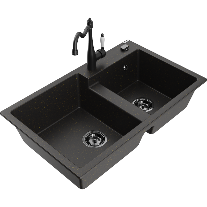 Mexen Tomas 2-compartment granite sink with a kitchen mixer tap Carla, Black/Gold metallic - 6516-75-670700-70-B