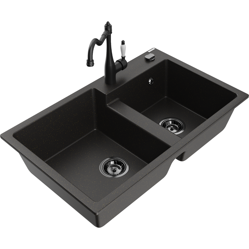 Mexen Tomas granite kitchen sink with 2 bowls and Carlo kitchen tap, black/gold metallic - 6516-75-670700-70-B
