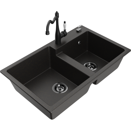Mexen Tomas 2-chamber Granite Sink with Kitchen Faucet Carla, Black/Gold Metallic - 6516-75-670700-70-B