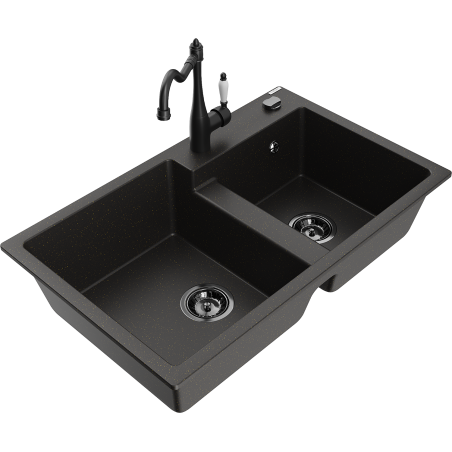 Mexen Tomas granite 2-bowl kitchen sink with Carla faucet, black/gold metallic - 6516-75-670700-70-B