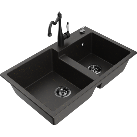 Mexen Tomas granite kitchen sink with 2 bowls and Carlo kitchen tap, black/gold metallic - 6516-75-670700-70-B