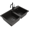 Mexen Tomas granite kitchen sink with 2 bowls and Carlo kitchen tap, black/gold metallic - 6516-75-670700-70-B