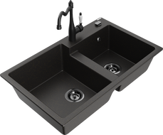 Mexen Tomas granite 2-bowl kitchen sink with Carla faucet, black/gold metallic - 6516-75-670700-70-B