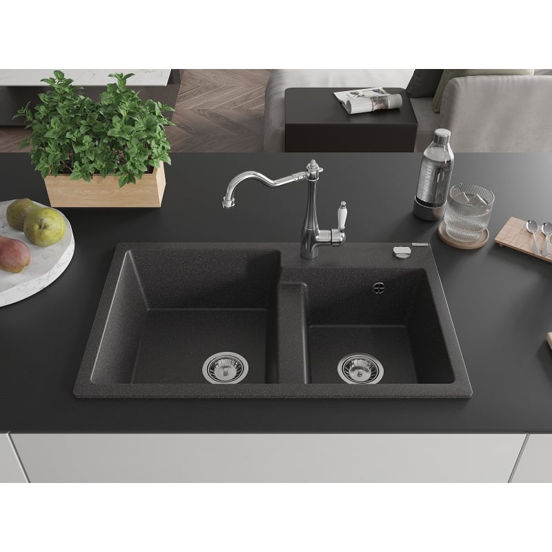 Mexen Tomas granite sink 2-bowl with kitchen faucet Carla, black speckled - 6516-76-670700-00