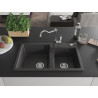 Mexen Tomas granite sink 2-bowl with kitchen faucet Carla, black speckled - 6516-76-670700-00