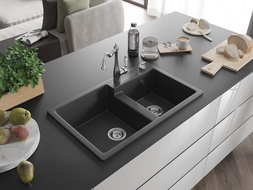Mexen Tomas granite sink 2-chamber with kitchen tap Carla, black speckled - 6516-76-670700-00