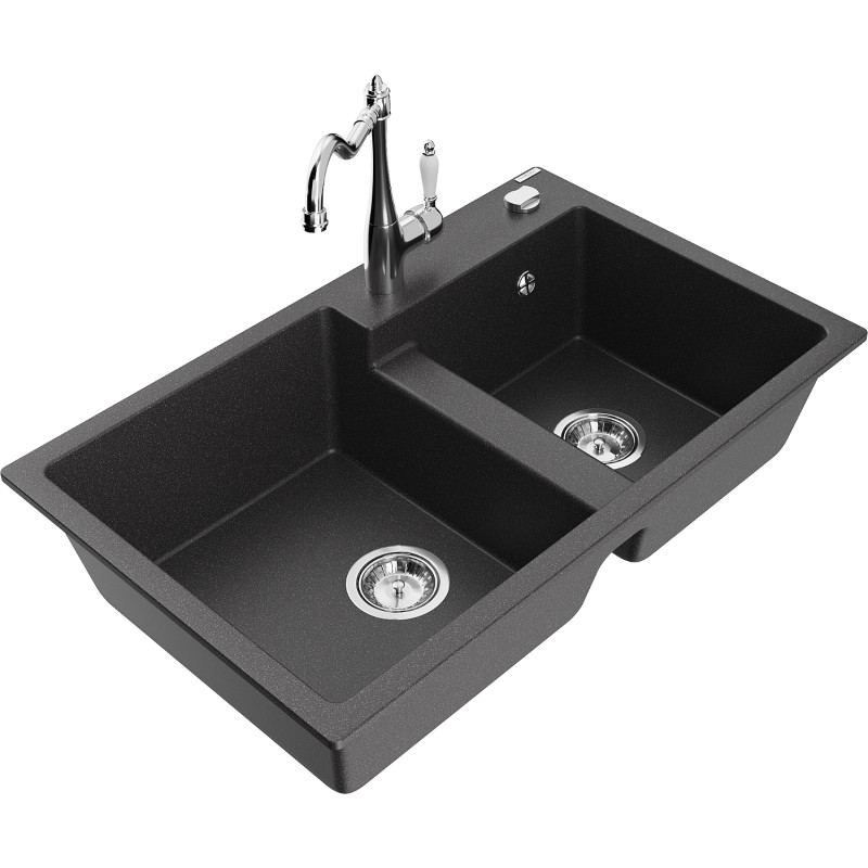 Mexen Tomas granite double-bowl sink with Carla kitchen faucet, speckled black - 6516-76-670700-00