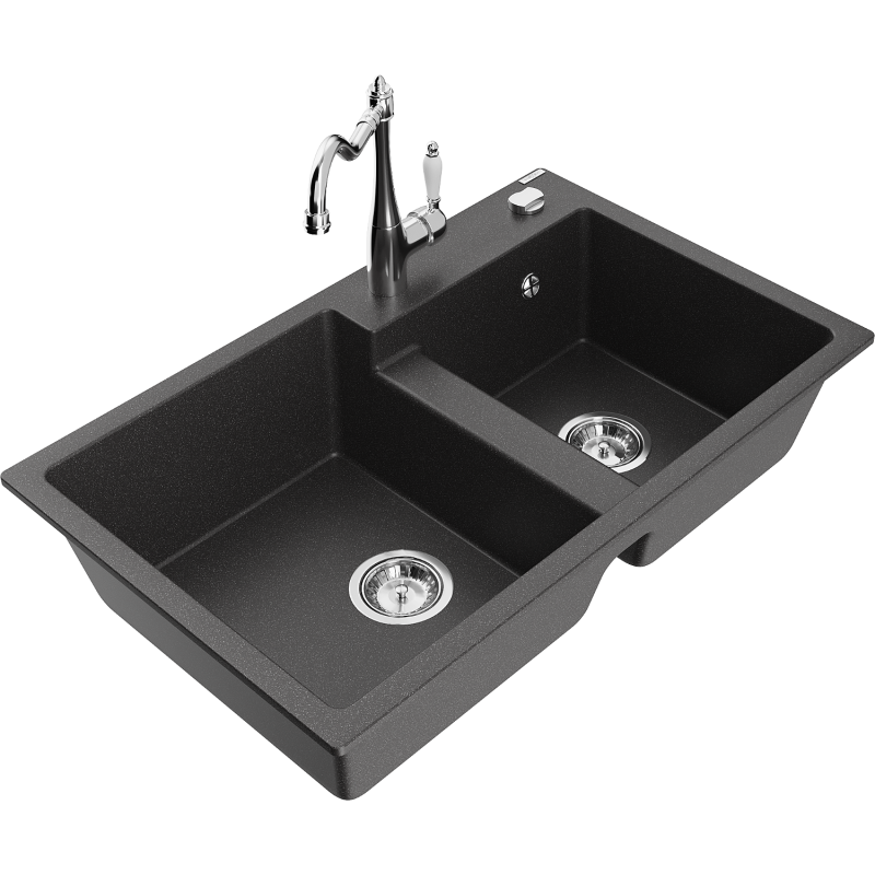 Mexen Tomas granite sink 2-chamber with kitchen tap Carla, black speckled - 6516-76-670700-00