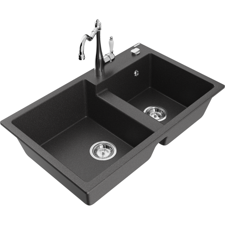 Mexen Tomas granite double-bowl sink with Carla kitchen faucet, speckled black - 6516-76-670700-00