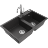 Mexen Tomas granite double-bowl sink with Carla kitchen faucet, speckled black - 6516-76-670700-00