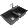 Mexen Tomas granite sink 2-bowl with kitchen faucet Carla, black speckled - 6516-76-670700-00