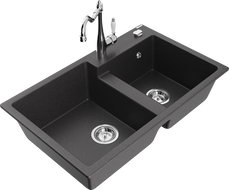 Mexen Tomas granite sink 2-bowl with kitchen faucet Carla, black speckled - 6516-76-670700-00