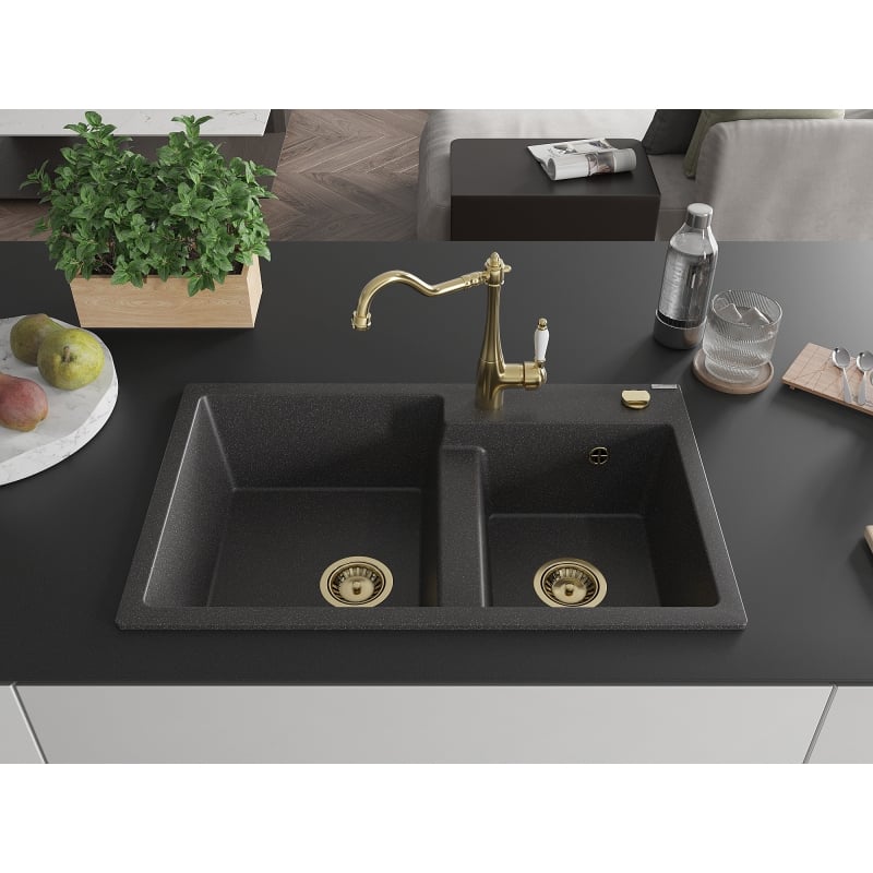 Mexen Tomas 2-bowl granite sink with kitchen faucet Carla, black speckled - 6516-76-670700-50