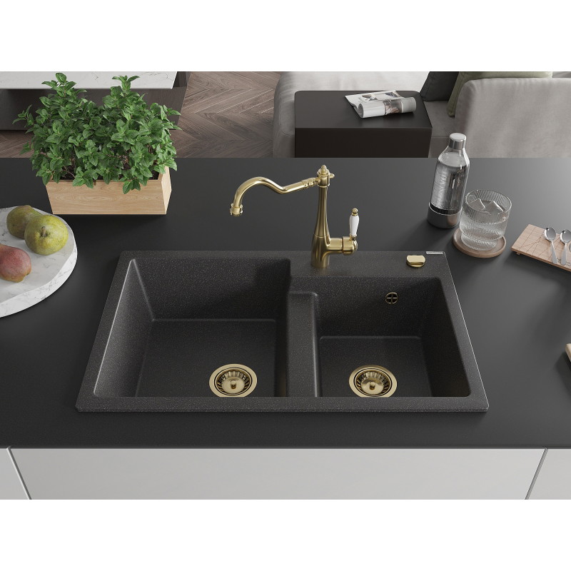 Mexen Tomas granite kitchen sink 2-chamber with kitchen faucet Carla, black speckled - 6516-76-670700-50
