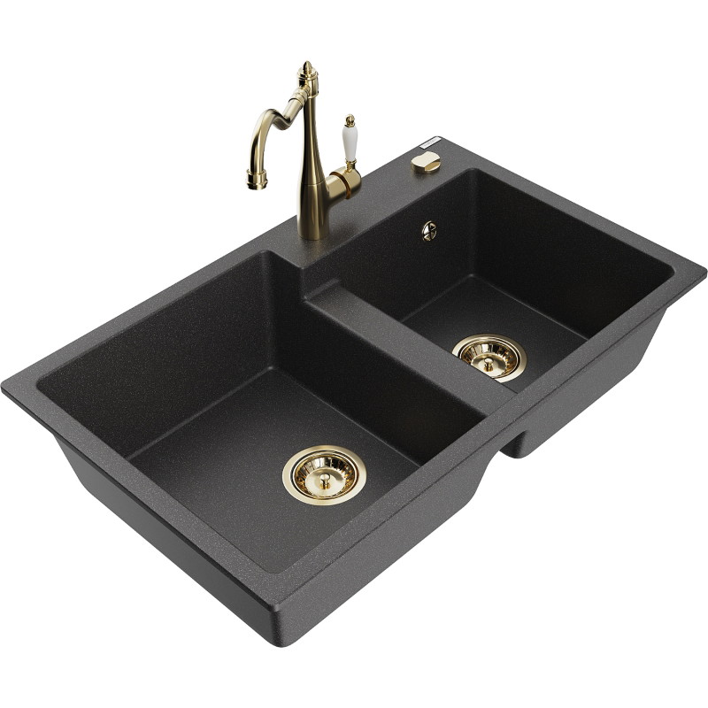 Mexen Tomas 2-bowl granite sink with kitchen faucet Carla, black speckled - 6516-76-670700-50