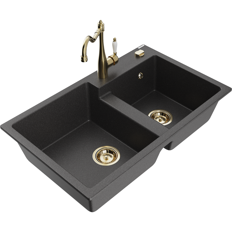 Mexen Tomas granite double sink with Carla kitchen tap, speckled black - 6516-76-670700-50