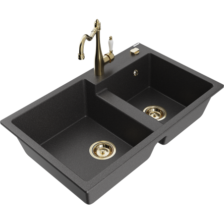 Mexen Tomas 2-bowl granite sink with kitchen faucet Carla, black speckled - 6516-76-670700-50
