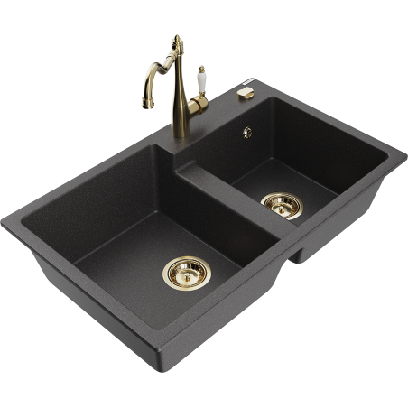 Mexen Tomas granite double sink with Carla kitchen tap, speckled black - 6516-76-670700-50
