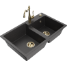 Mexen Tomas granite double sink with Carla kitchen tap, speckled black - 6516-76-670700-50
