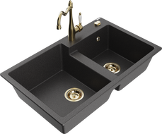 Mexen Tomas granite double sink with Carla kitchen tap, speckled black - 6516-76-670700-50
