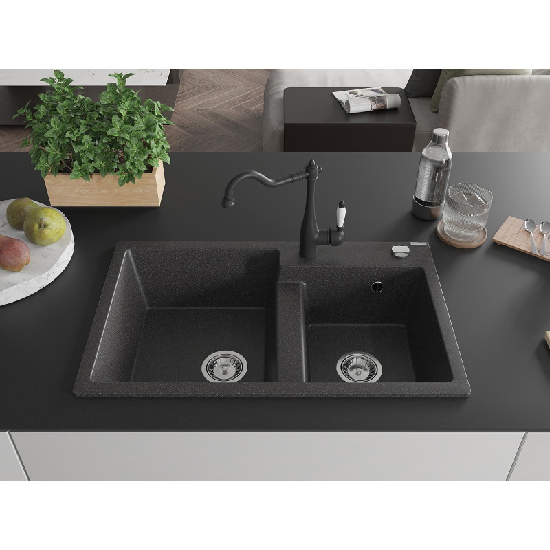 Mexen Tomas granite kitchen sink 2-bowl with Carla kitchen faucet, black speckled - 6516-76-670700-70