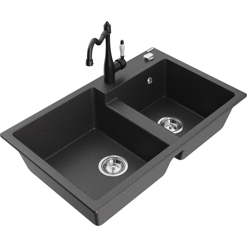 Mexen Tomas 2-compartment granite sink with a kitchen mixer tap Carla, spotted black - 6516-76-670700-70