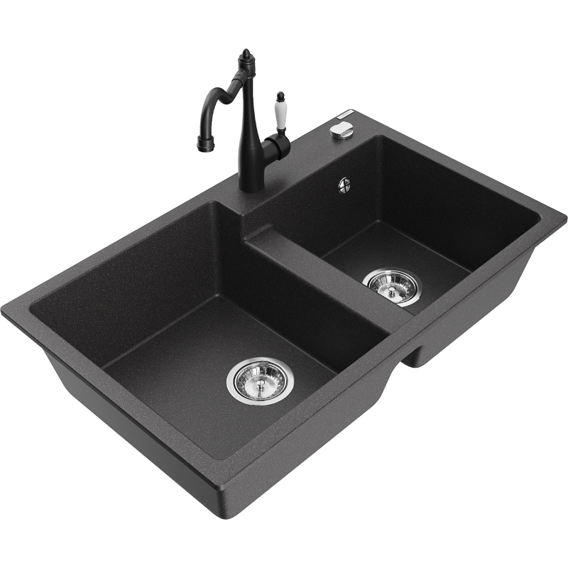 Mexen Tomas granite sink 2-chamber with Carla kitchen tap, black speckled - 6516-76-670700-70
