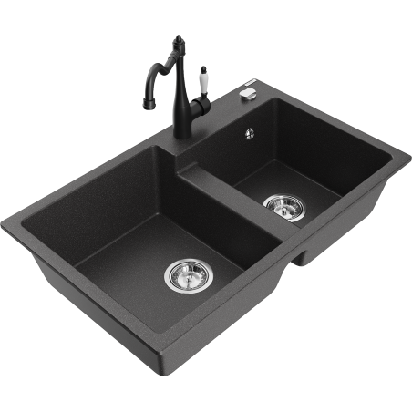 Mexen Tomas granite kitchen sink 2-bowl with Carla kitchen faucet, black speckled - 6516-76-670700-70