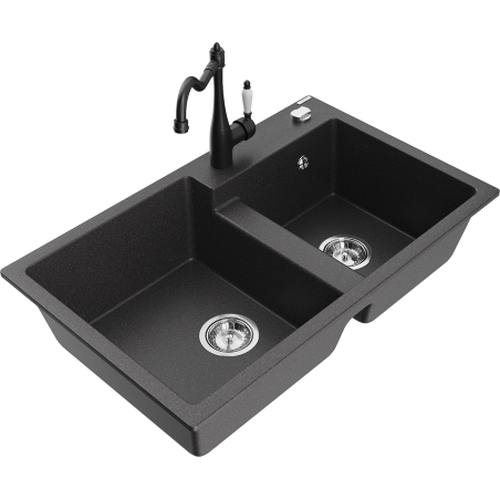 Mexen Tomas granite kitchen sink with 2 chambers and Carla kitchen faucet, black speckled - 6516-76-670700-70