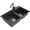 Mexen Tomas granite kitchen sink 2-bowl with Carla kitchen faucet, black speckled - 6516-76-670700-70