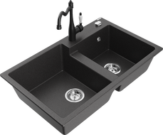 Mexen Tomas granite sink 2-chamber with Carla kitchen tap, black speckled - 6516-76-670700-70